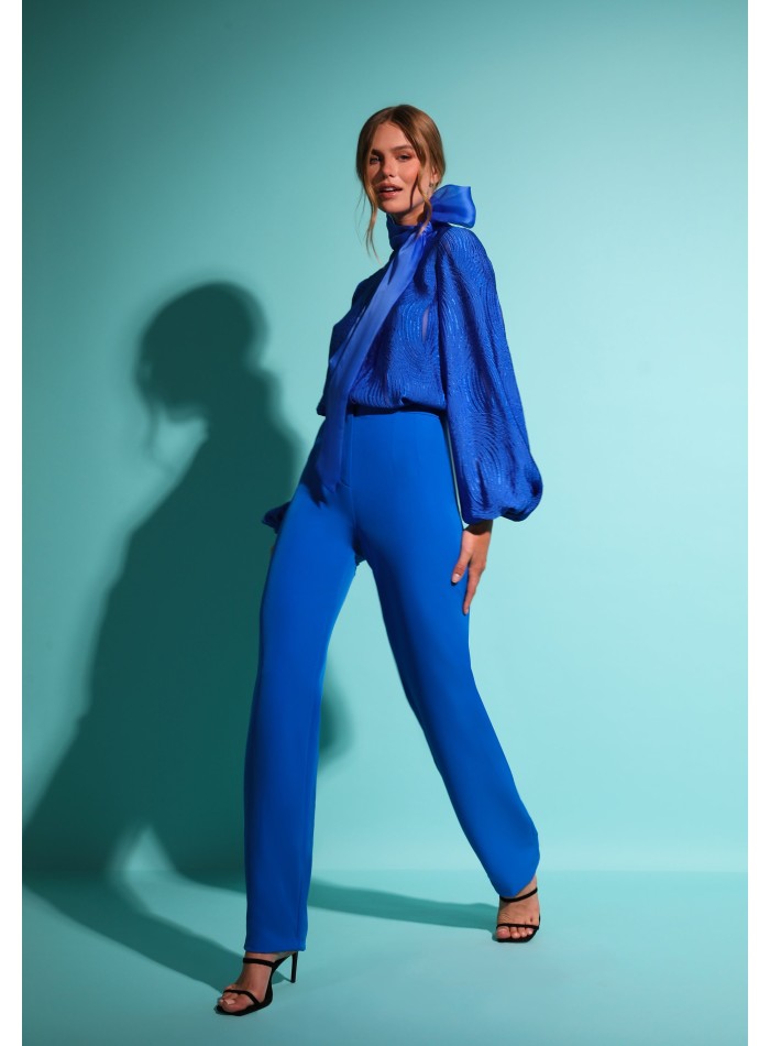 Pantalón largo de fiesta recto azul con tiro alto