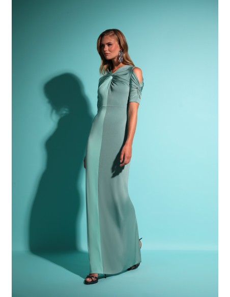 Vestido de fiesta largo bicolor con escote anudado y manga corta