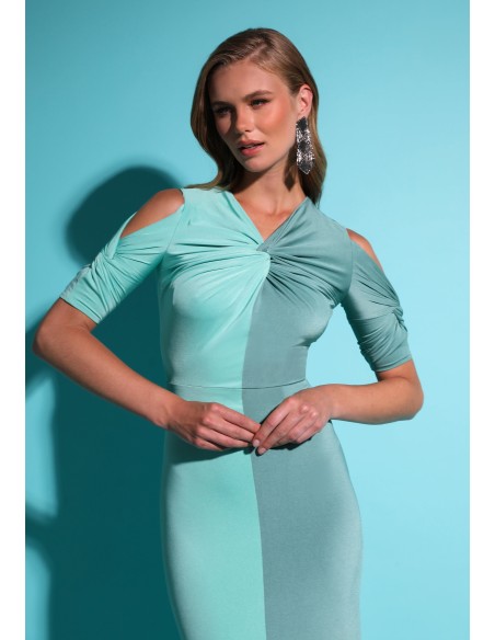 Vestido de fiesta largo bicolor con escote anudado y manga corta