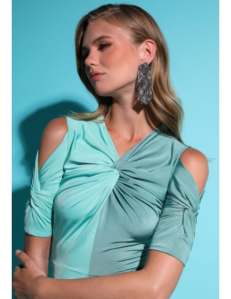 Vestido de fiesta largo bicolor con escote anudado y manga corta