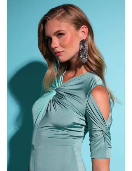 Vestido de fiesta largo bicolor con escote anudado y manga corta