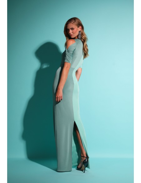 Vestido de fiesta largo bicolor con escote anudado y manga corta