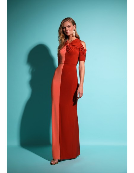 Bicolor long party dress with cut-out sleeves and center knotting