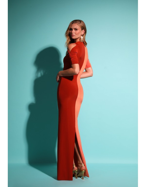 Bicolor long party dress with cut-out sleeves and center...