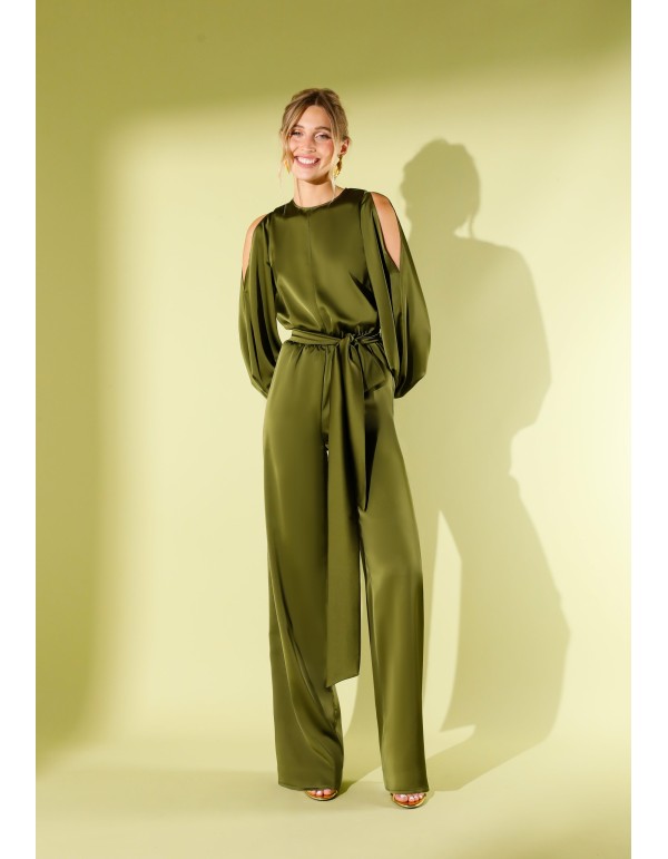 Combinaison de fête en satin vert olive avec manches...