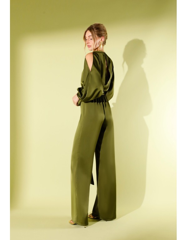 Olive green satin party jumpsuit with open long sleeves 2