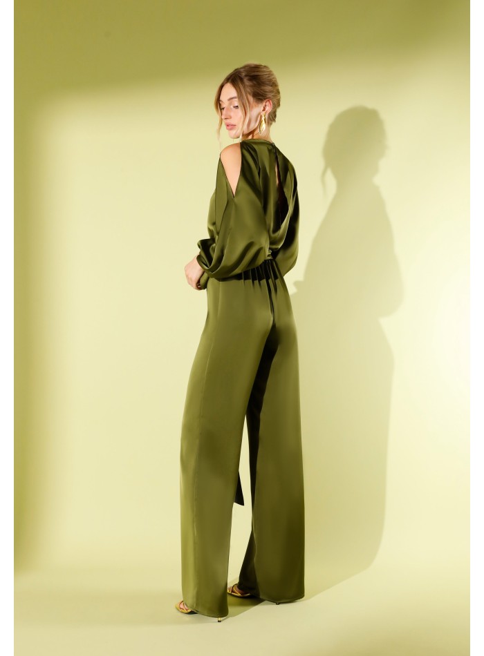 Olive green satin party jumpsuit with open long...