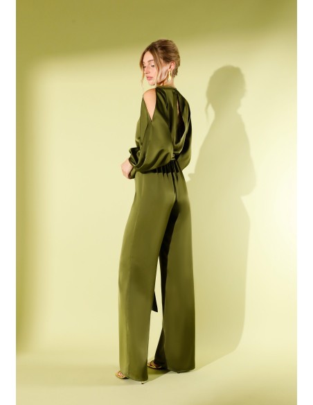 Olive green satin party jumpsuit with open long sleeves