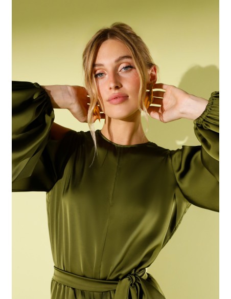 Olive green satin party jumpsuit with open long sleeves