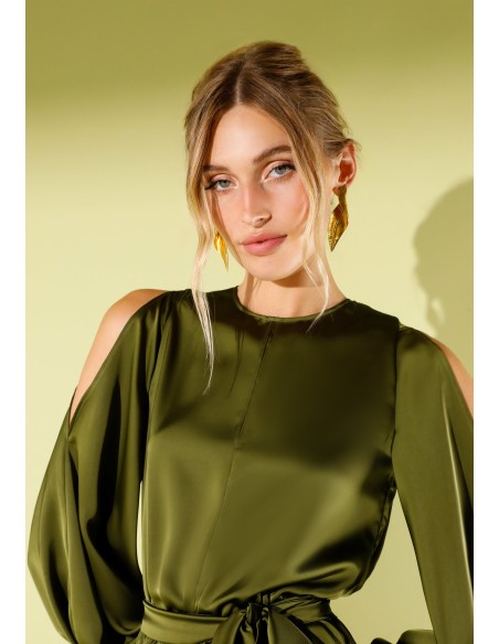 Olive green satin party jumpsuit with open long sleeves