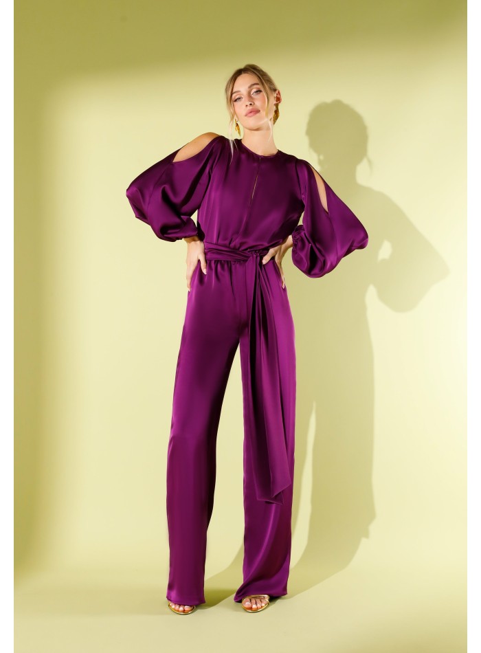 Long violet satin party jumpsuit with slashed...
