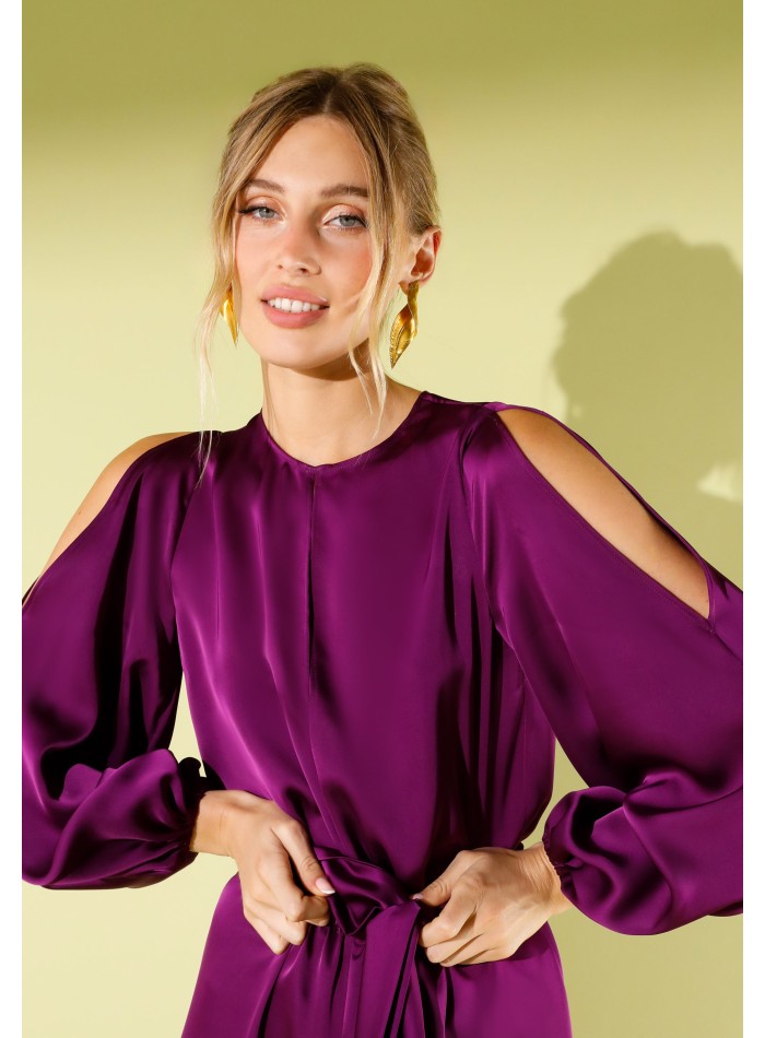 Long violet satin party jumpsuit with slashed...