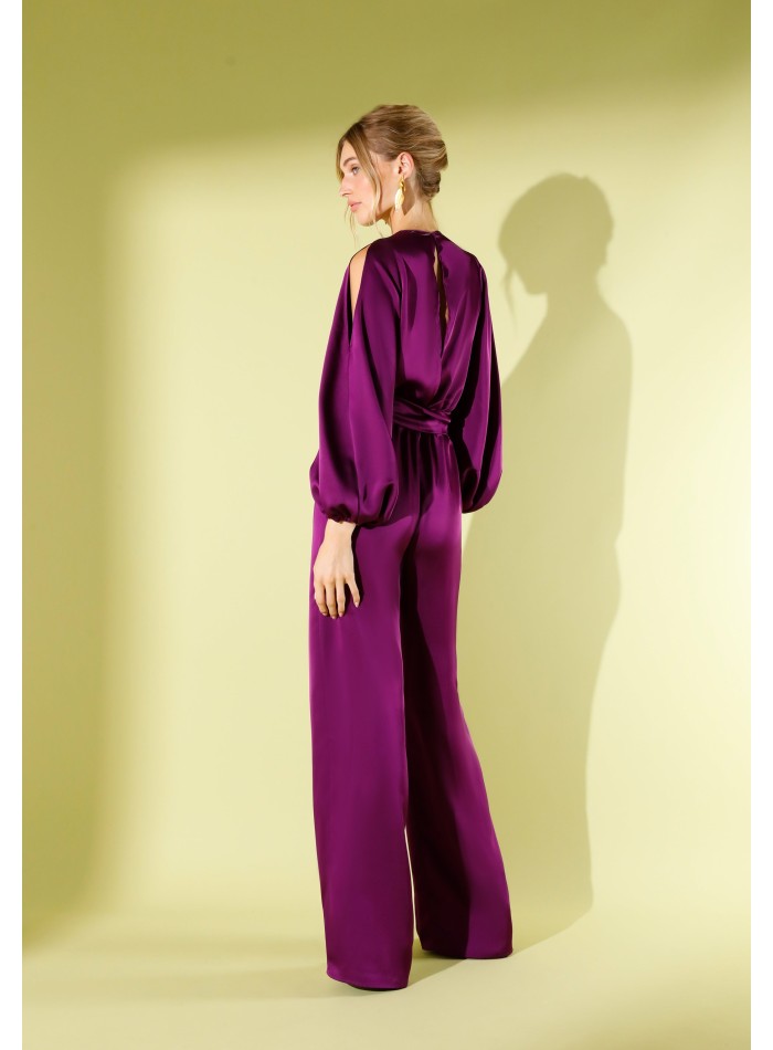 Long violet satin party jumpsuit with slashed...