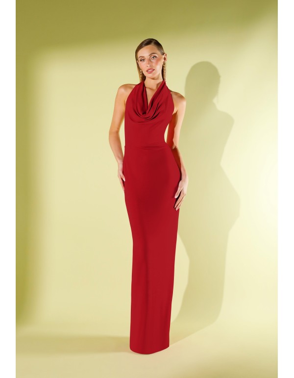 Long red knitted dress with draped cascade neckline