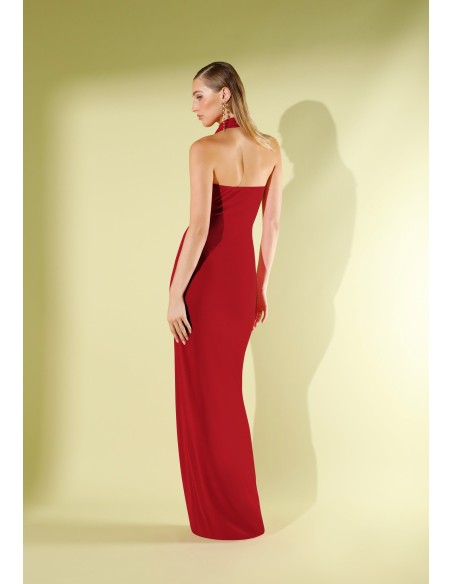 Vestido largo de punto rojo con escote cascada drapeado