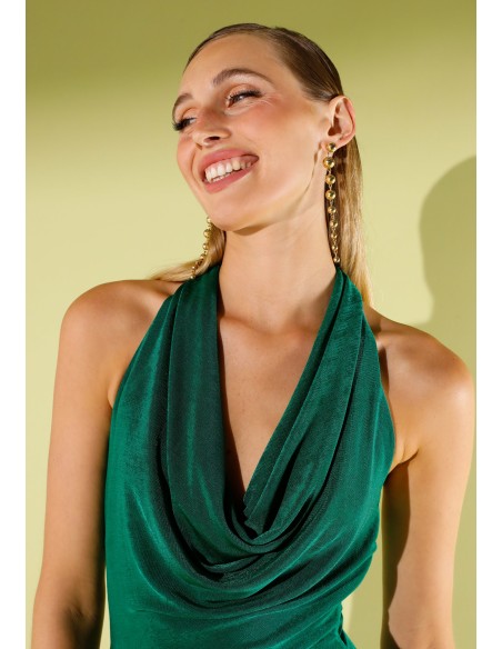 Long green party dress with draped waterfall neckline