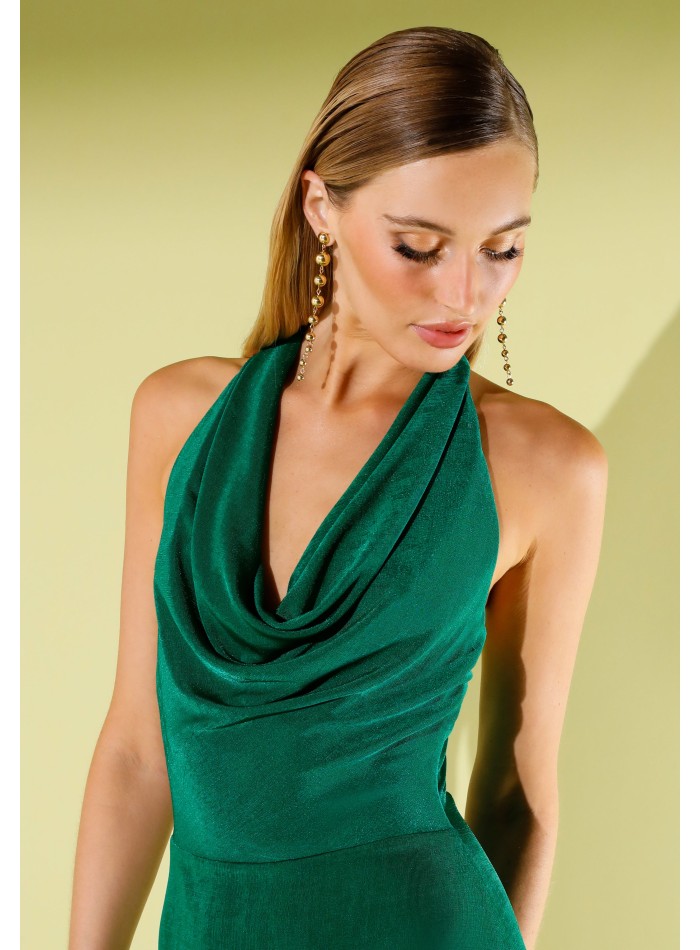 Long green party dress with draped waterfall...