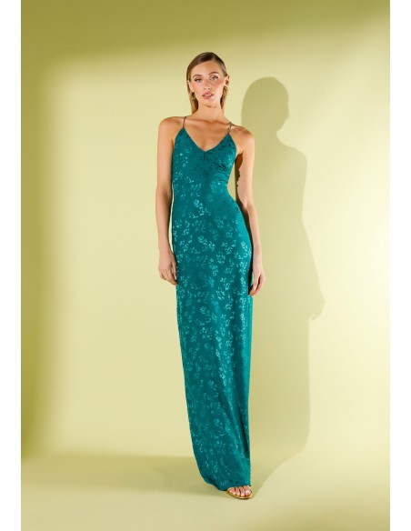 Lingerie long dress in green jacquard with straps