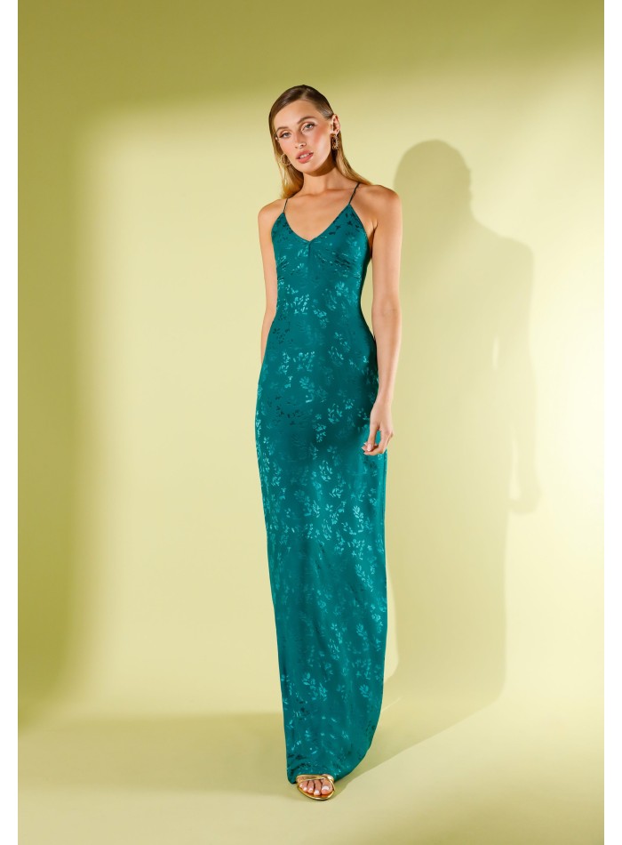 Lingerie long dress in green jacquard with straps