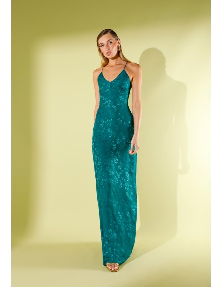 Vestido largo lencero de jacquard verde con tirantes
