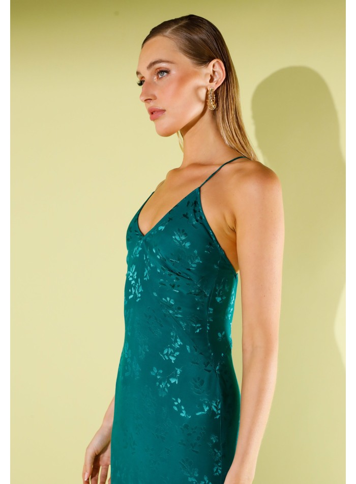 Lingerie long dress in green jacquard with straps