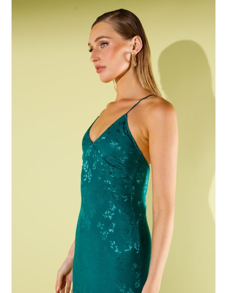 Robe longue de lingerie en jacquard vert avec bretelles