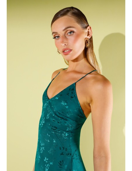 Vestido largo lencero de jacquard verde con tirantes