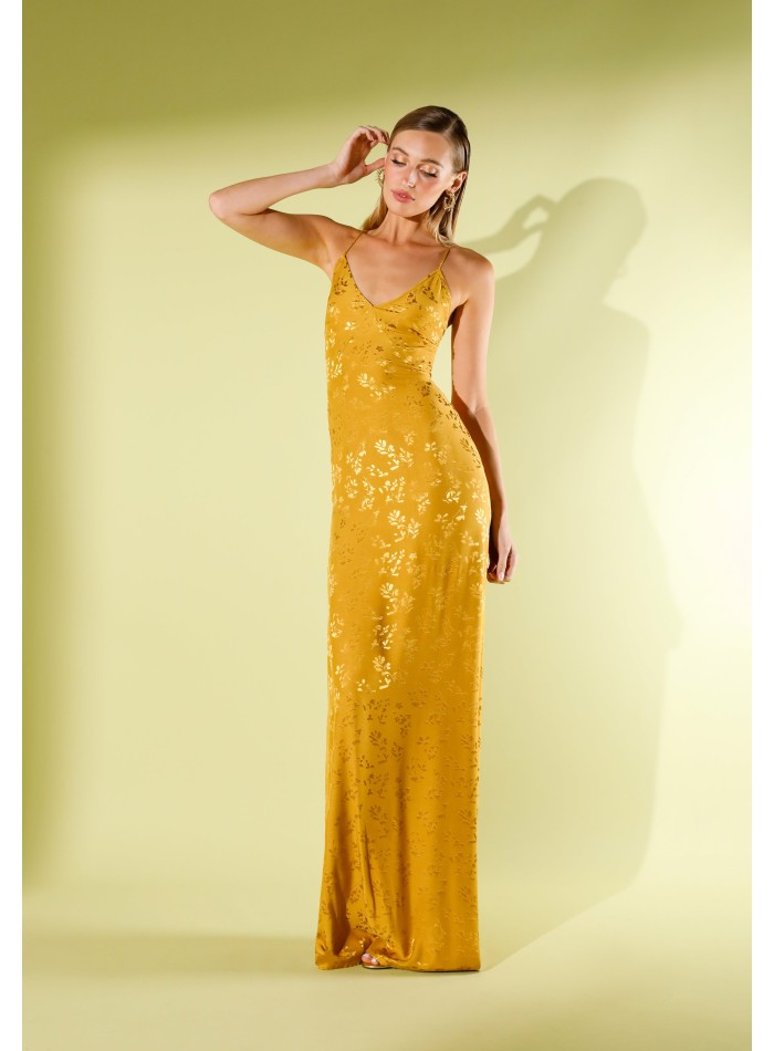 Vestido largo satinado en jacquard mostaza con...