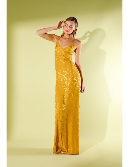 Mustard jacquard satin long dress with straps