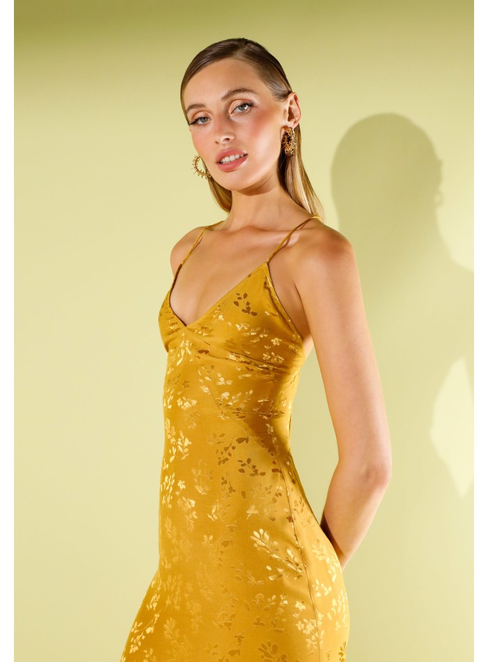 Mustard jacquard satin long dress with straps