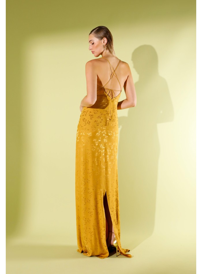 Mustard jacquard satin long dress with straps
