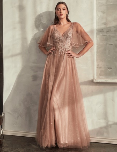 Evening dress with rhinestone bodice in shiny tulle