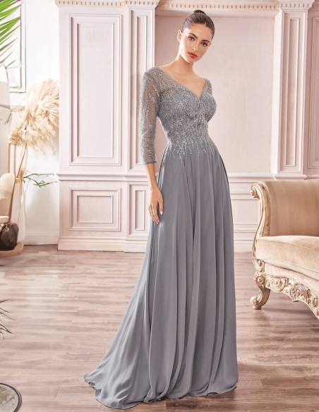 Robe de soirée avec manches et corsage perlés