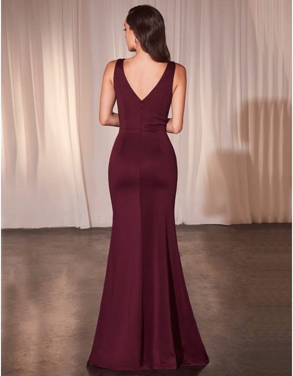 Burgundy evening dress with a frill front 2