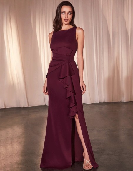 Burgundy evening dress with a frill front