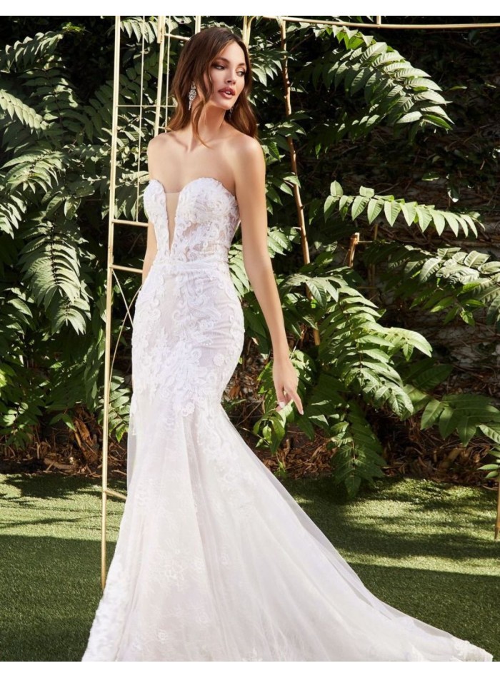 Strapless lace wedding dress with V-neckline