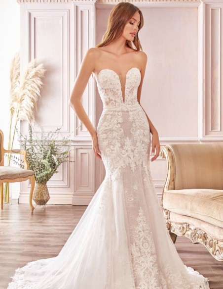 Strapless lace wedding dress with V-neckline