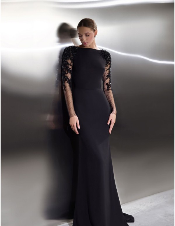 Long black party dress with embroidered tulle long sleeves