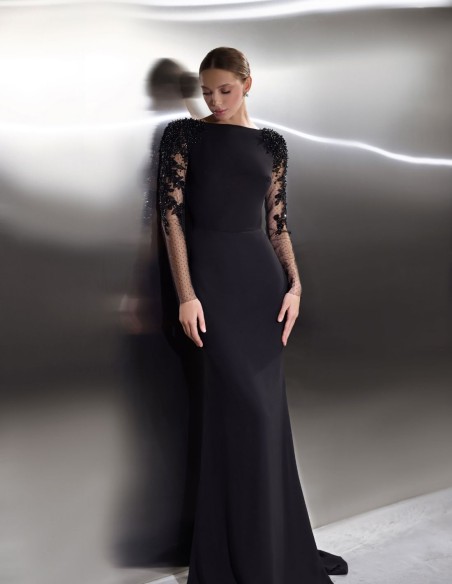 Long black party dress with embroidered tulle long sleeves