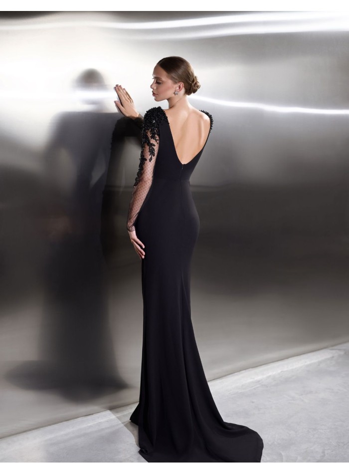 Long black party dress with embroidered tulle...