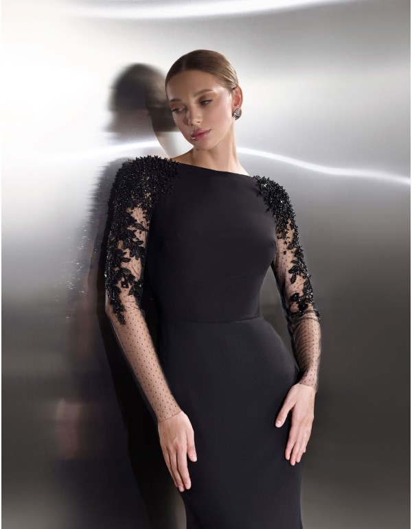 Long black party dress with embroidered tulle long sleeves 2