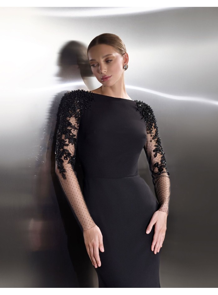 Long black party dress with embroidered tulle...