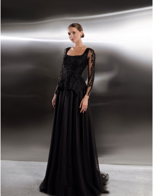 Robe de soirée longue avec corsage en strass et manches...