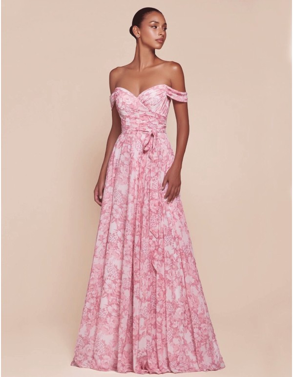 Long Gown with Bandeau Neckline and Floral Print