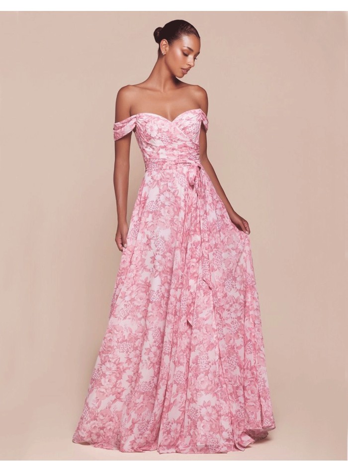Long Gown with Bandeau Neckline and Floral Print