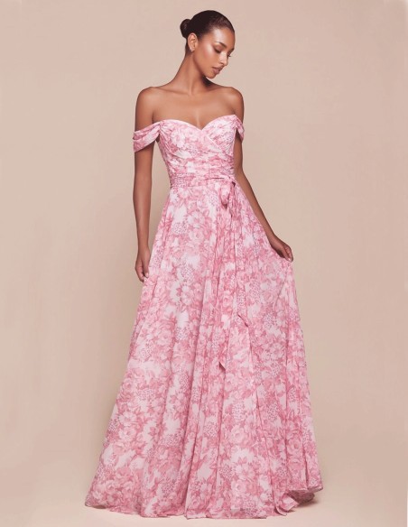 Vestido de fiesta largo con escote bandeau y estampado floral