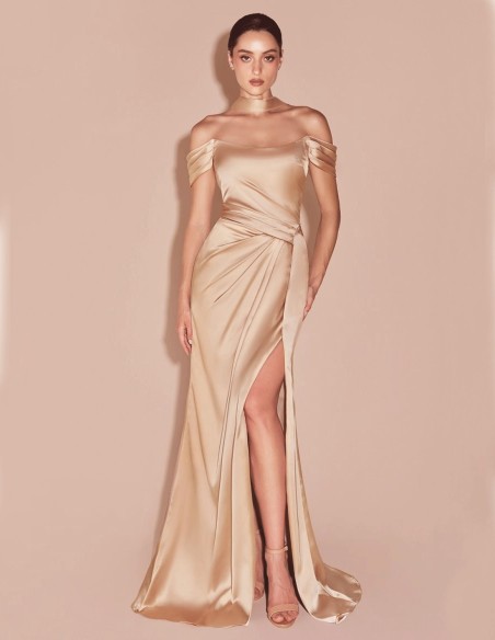 Vestido de fiesta largo para invitada con corpiño y manga bandeau caída