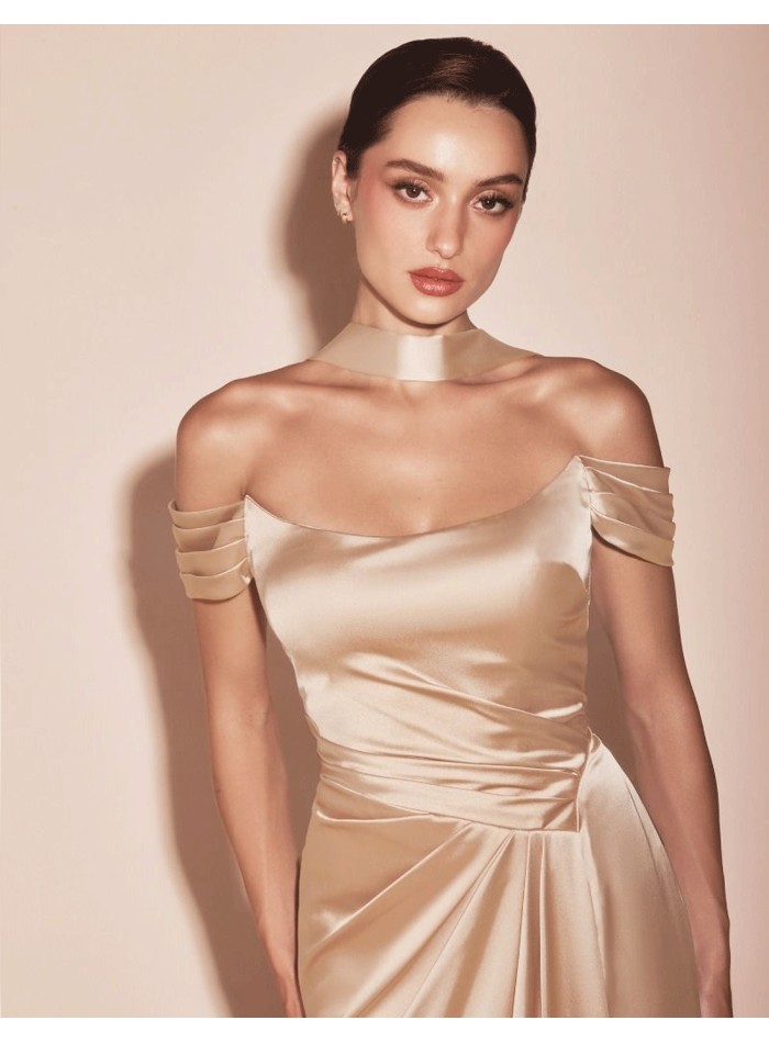 Off shoulder lace up corset satin long gown