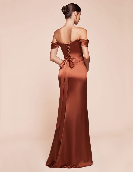 Off shoulder lace up corset satin long gown