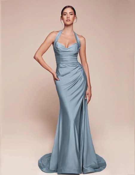 Long evening dress for guest with halter neckline